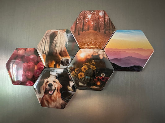 Custom made hexagon photo magnets 65x58mm, pack of 6