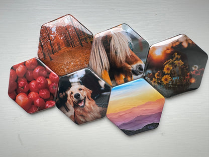 Custom made hexagon photo magnets 65x58mm, pack of 6